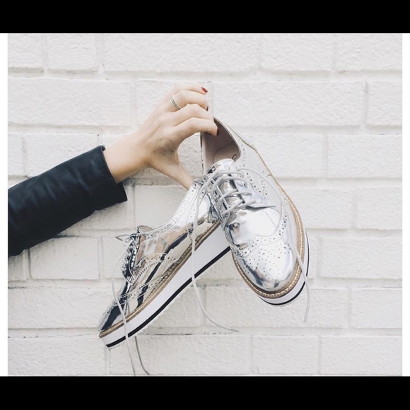 Shellys London Shoes - Metallic Silver Platform Oxfords